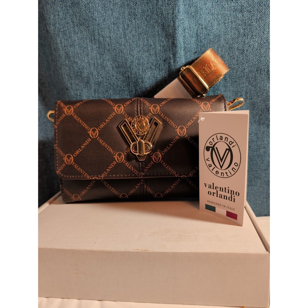 NWT Valentino Orlandi Crossbody Bag Brown Monogram Wallet Purse Gold V Lock New - Picture 15 of 16